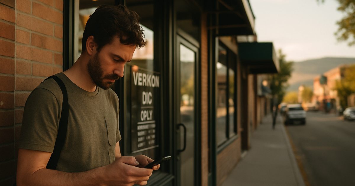 Customer on the sidewalk checking a Vernon business on a phone outside its storefront
