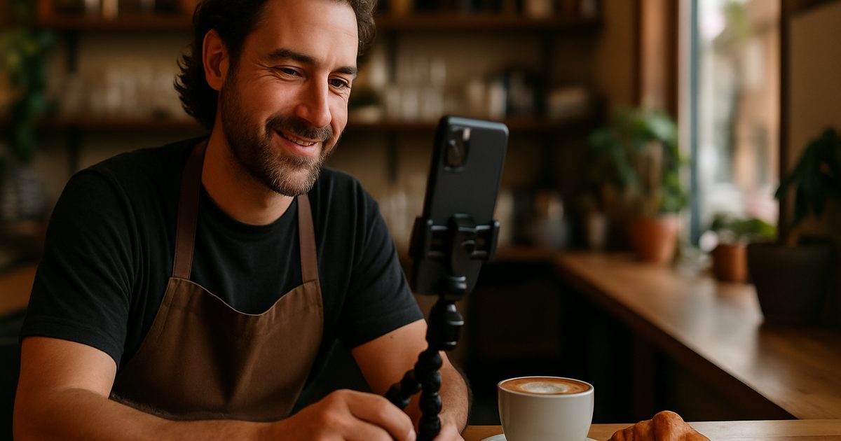 Okanagan café owner filming a short social media reel on a phone behind the counter in Vernon BC