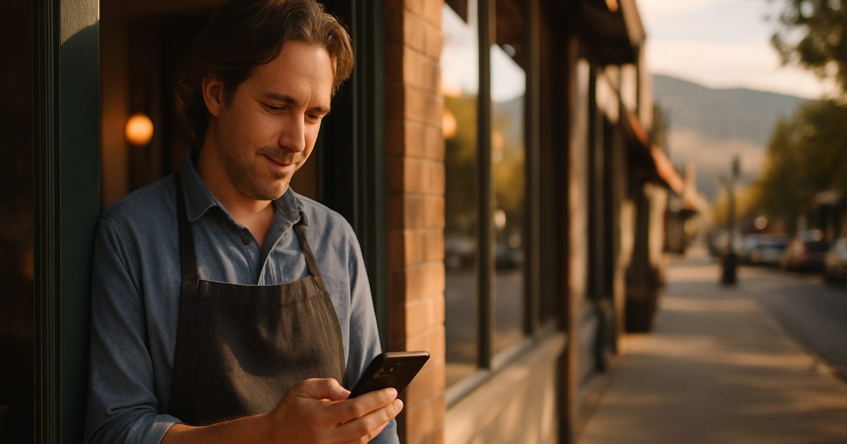 Vernon BC shop owner checking local search rankings on a phone in their storefront doorway