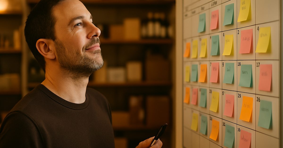 Vernon small business owner planning a monthly social media content calendar on a wall planner with sticky notes