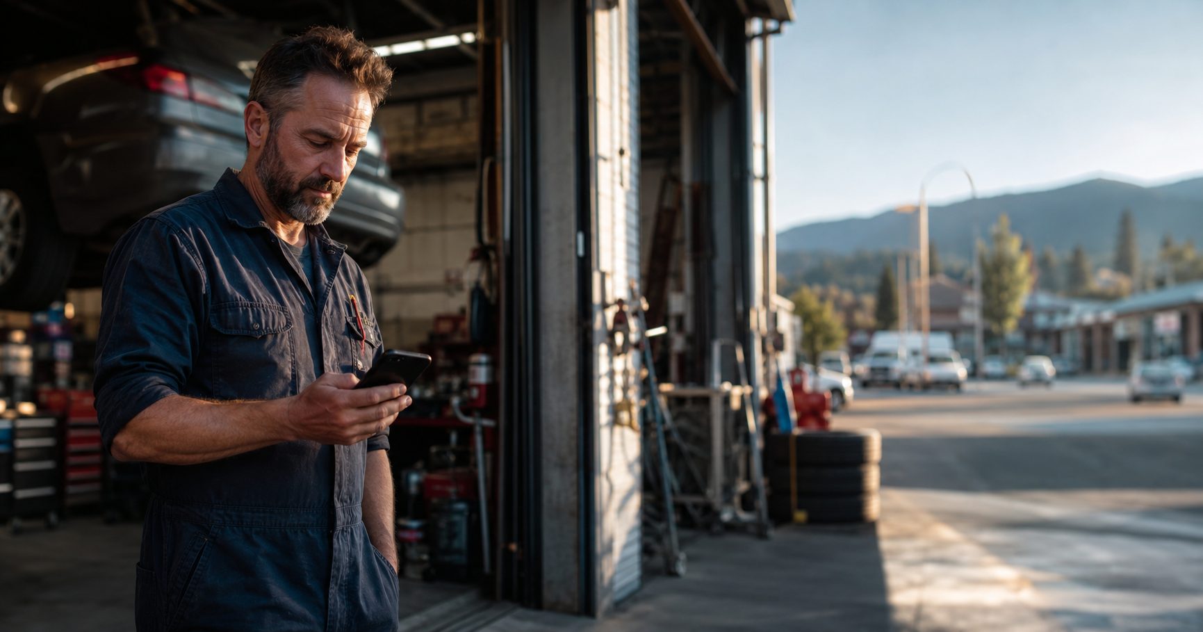 Vernon BC auto shop owner checking his phone in the garage bay doorway