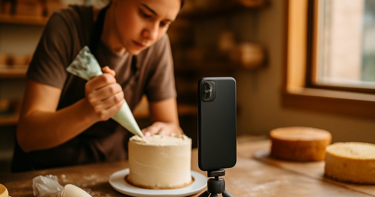 Vernon bakery owner filming a reel of cake decorating on a phone propped on a small tripod