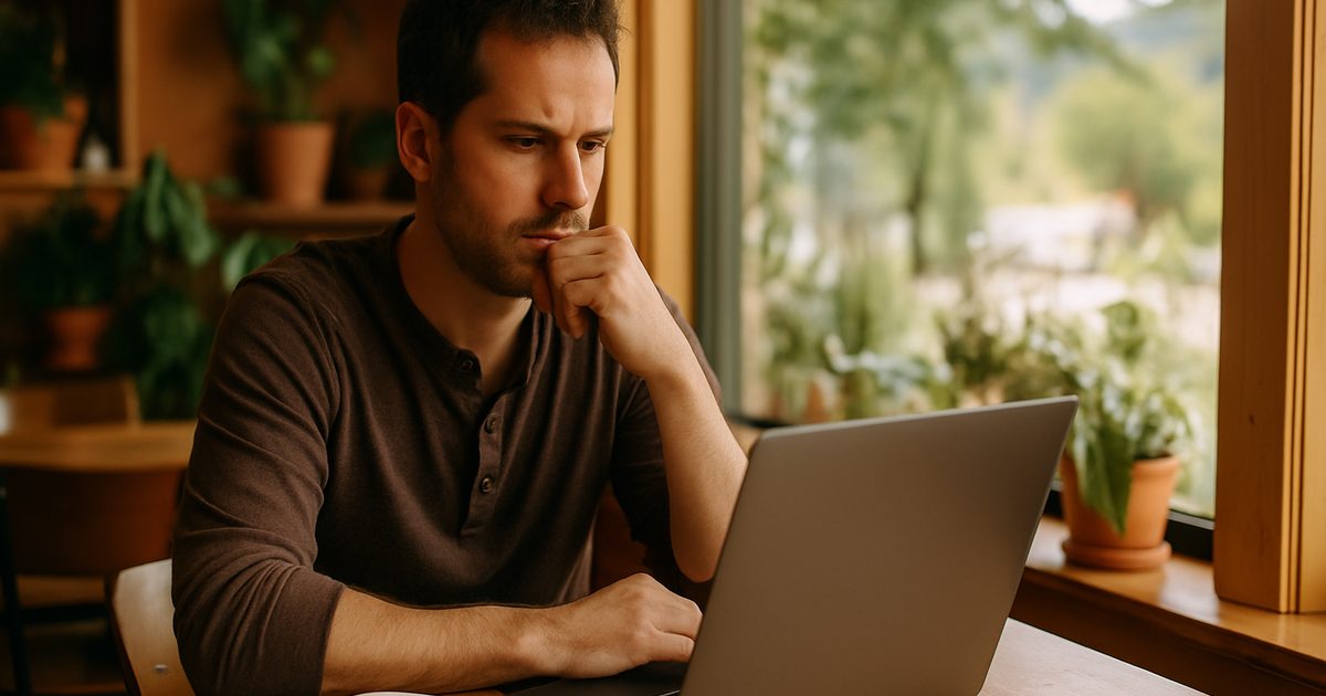 Vernon BC small business owner comparing website platform options on a laptop at their shop