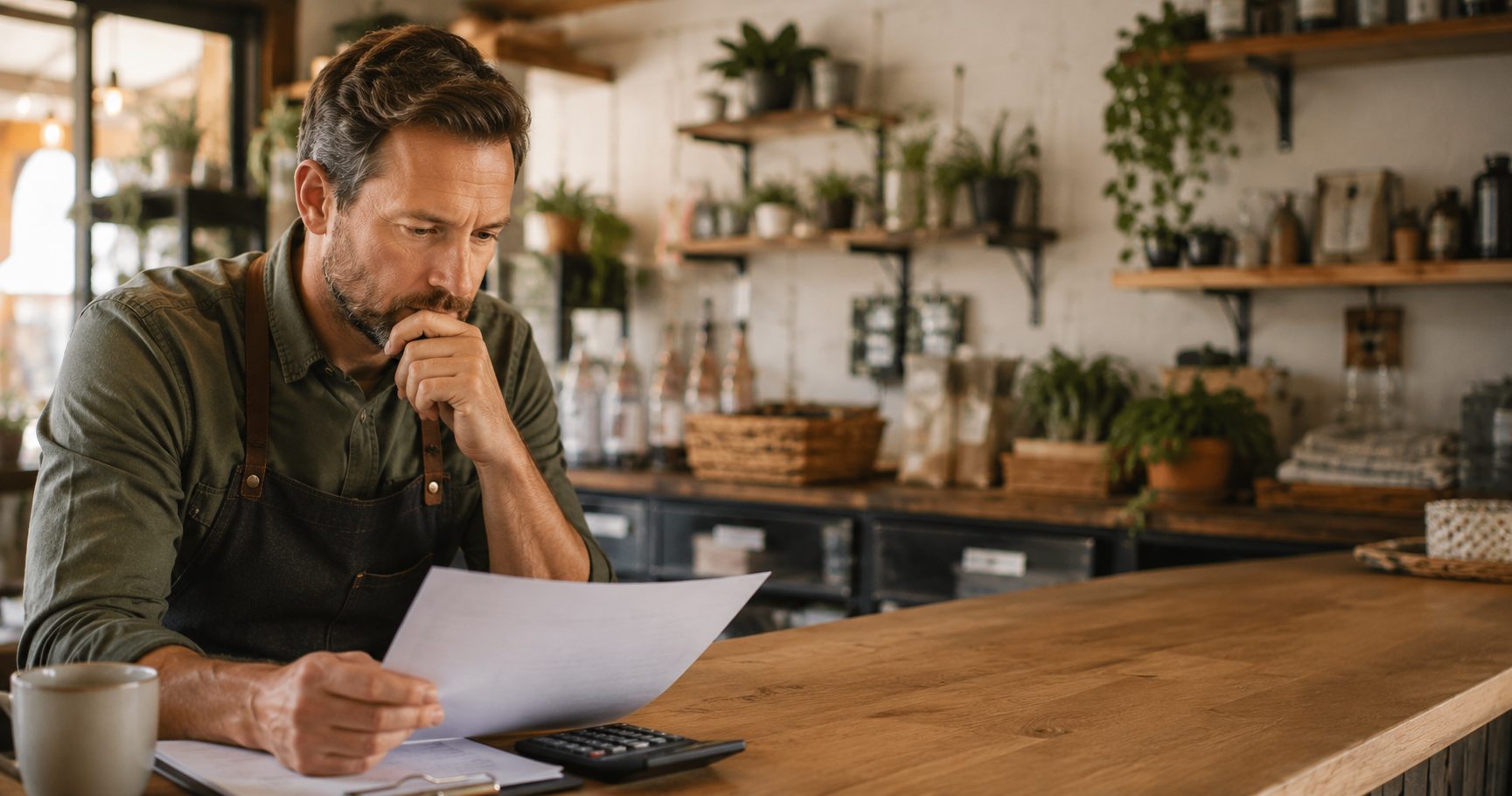Vernon BC business owner reviewing a website quote and budget at their counter
