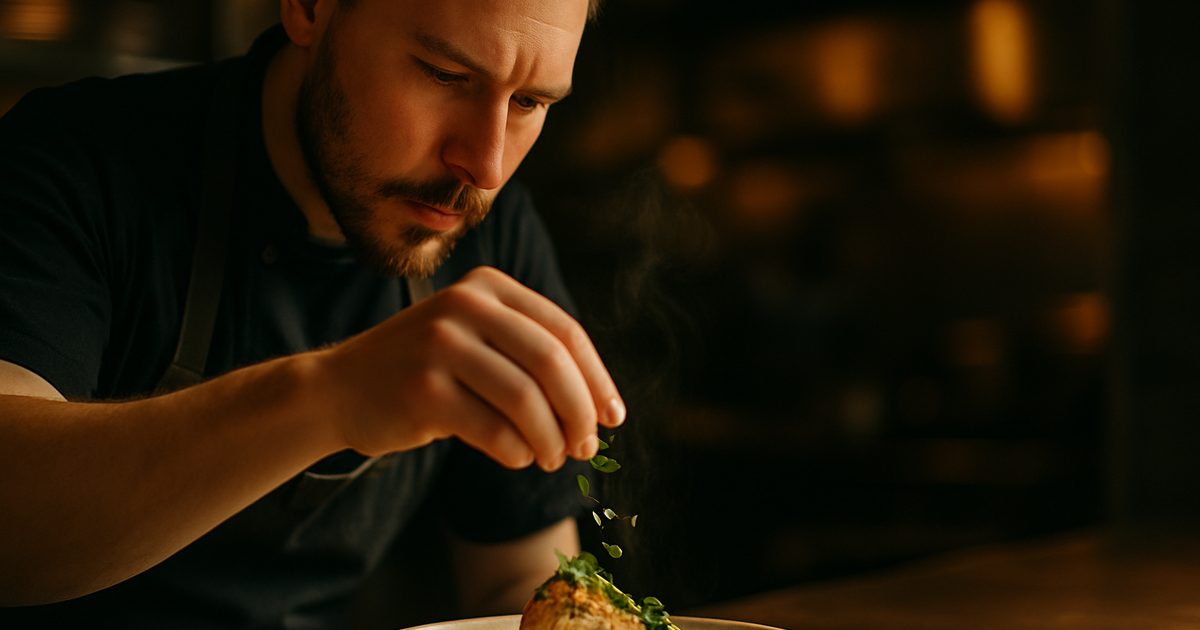 Vernon restaurant chef plating a dish under dramatic light, the kind of scroll-stopping reel moment