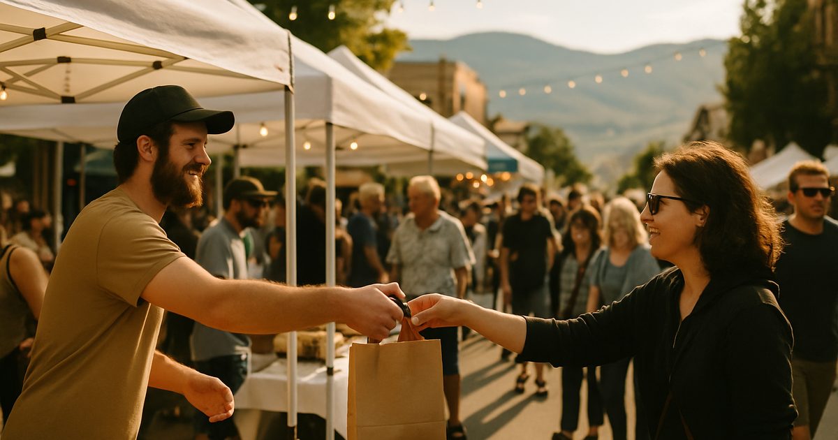 Busy Vernon BC community market with shoppers, the local audience social media reaches
