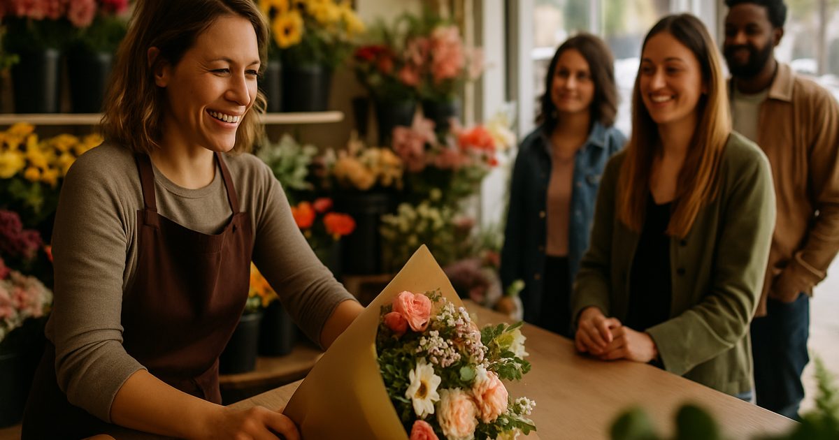 Vernon florist serving a lineup of customers at a busy shop counter