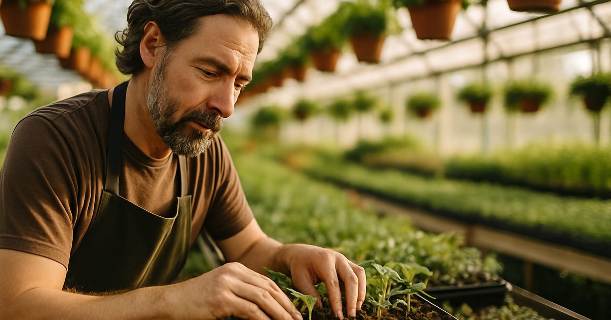 Vernon BC garden centre owner tending young seedlings in a greenhouse