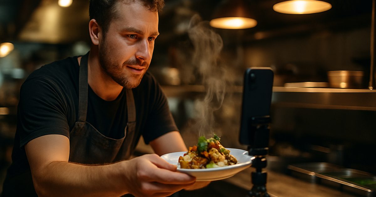 Vernon BC restaurant chef filming a plated dish on a phone tripod at the kitchen pass