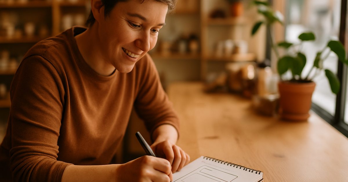 Vernon shop owner sketching a homepage layout on a notepad at the counter