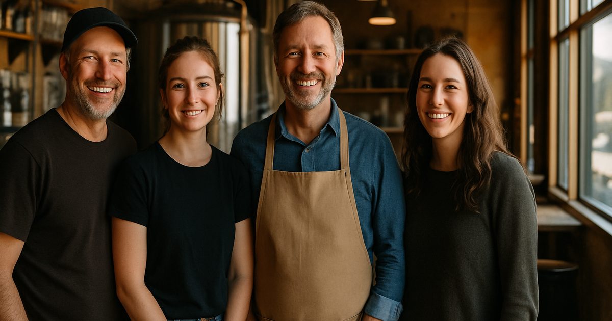 Vernon small business team standing together in their shop for an About page photo