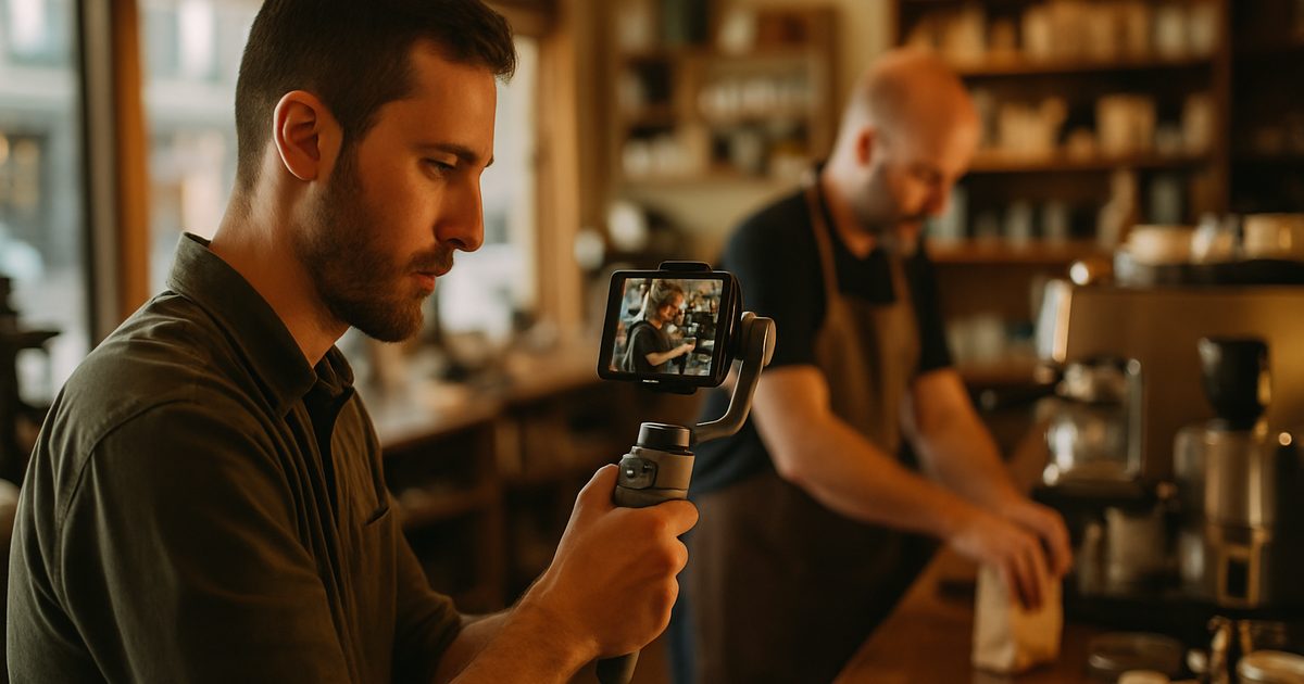 Videographer with a gimbal filming a Vernon business owner for a professional reel